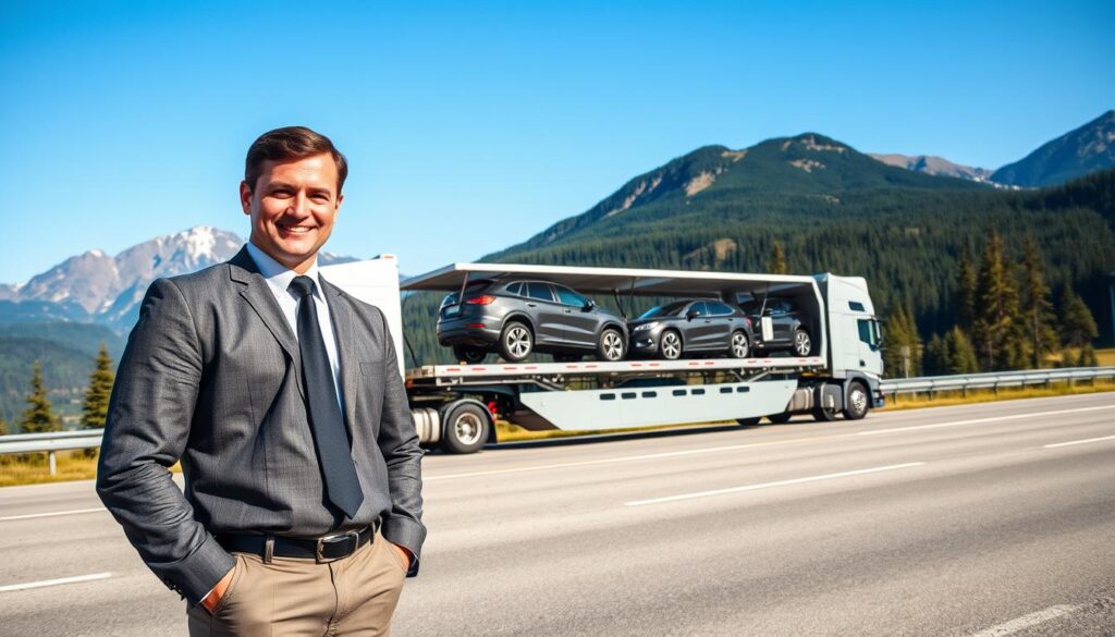 A scenic shot showcasing a reliable auto car transport service in a vibrant Canadian landscape. In the foreground, a professional driver in business attire stands next to a modern car transport truck, smiling confidently. The middle ground features the truck loaded with pristine cars ready for shipping, elegantly parked on a wide highway. In the background, majestic mountains and lush forests reflect Canada’s natural beauty under clear blue skies, capturing the essence of cross-country travel. The lighting is bright and inviting, emphasizing safety and reliability, with soft shadows cast by the midday sun. The angle captures both the vehicle and the beautiful landscape, creating a sense of trust and professionalism in auto transport services across Canada.