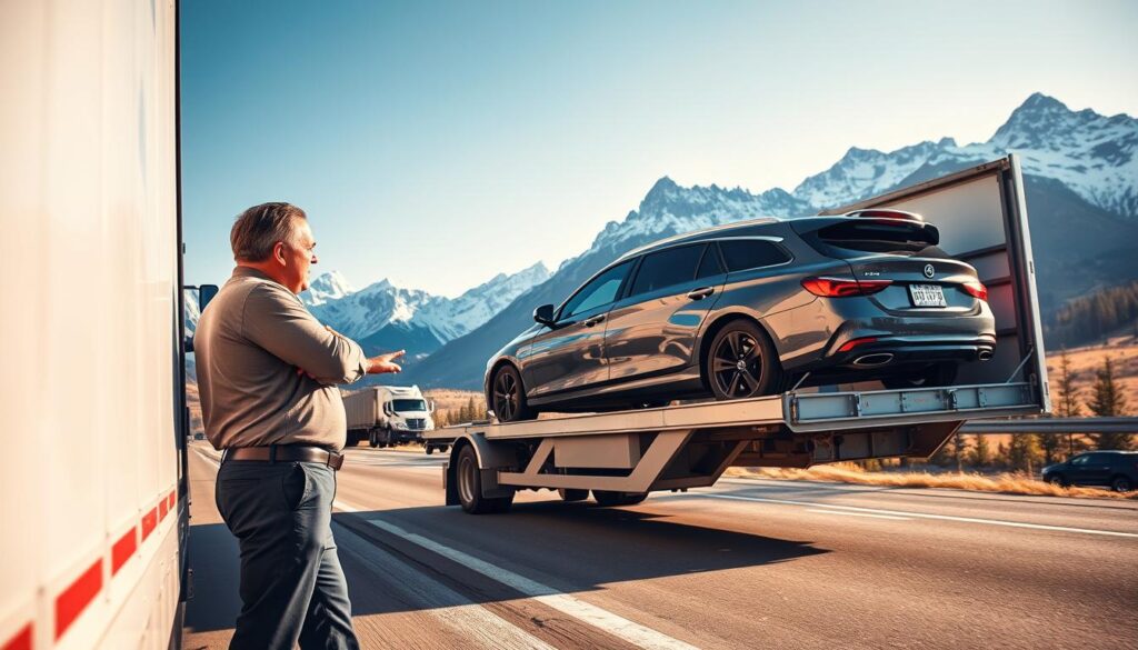 A scenic view of a car being loaded onto a transport truck on a highway surrounded by the stunning landscapes of Canada. In the foreground, a professional-looking driver in a smart casual outfit is supervising the loading process, ensuring everything is secure. The middle ground features the truck displaying multiple vehicles, emphasizing the concept of car shipping. In the background, the majestic Canadian Rockies rise against a clear blue sky, adding depth and a sense of adventure. Soft, natural lighting emphasizes the colors of the landscape, creating a warm and trustworthy atmosphere. Capture this scene with a wide-angle lens to encompass both the car transport and the breathtaking surroundings, highlighting the reliability and beauty of car shipping services across Canada.