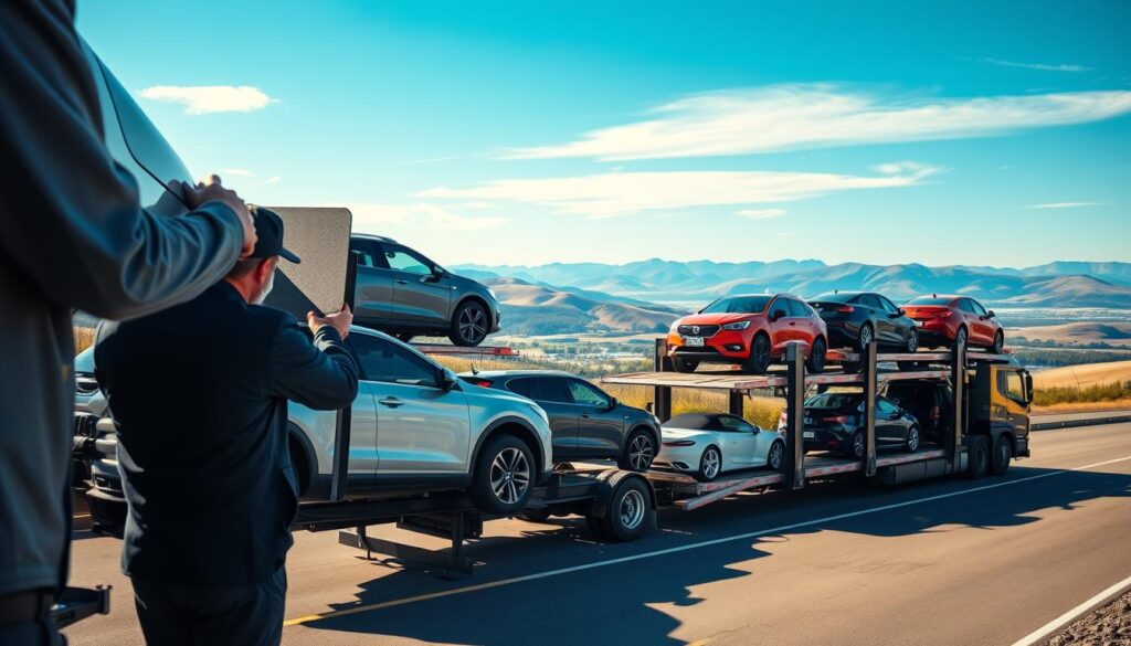 A scenic view of a car shipping facility in Canada, showcasing various vehicles being transported on a large, multi-level car carrier truck. In the foreground, detailed close-ups of two professional workers inspecting a car, clad in business attire, emphasizing safety and diligence. The middle ground depicts the car carrier, loaded with a vibrant array of cars, reflecting the diverse automotive landscape of Canada. In the background, a panoramic view of a pristine Canadian landscape with rolling hills and a clear blue sky, enhancing the sense of reliability and tranquility. The lighting is bright and sunny, casting soft shadows, and evoking a positive and secure atmosphere. The angle is slightly elevated, capturing both the vehicles and the expansive landscape, creating a sense of trust and professionalism.