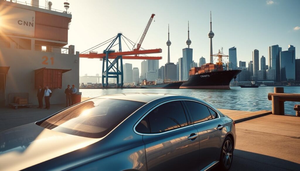 A scenic view of a large transport ship docked at the Toronto waterfront, featuring an automobile being loaded onto the vessel. In the foreground, a shiny car gleams under the soft morning sunlight, showcasing its sleek design. The middle ground captures the bustling port activity, with workers in professional attire efficiently handling cargo, and cranes lifting containers. The background displays the iconic Toronto skyline, with skyscrapers reflecting the early light, and the calm waters of Lake Ontario gently lapping at the ship's hull. The atmosphere is vibrant yet serene, emphasizing efficiency and the logistical ease of shipping a car. The image is lit with golden hour highlights, creating a warm and inviting scene.