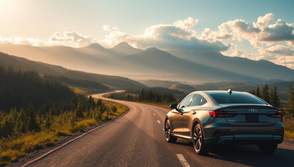 A scenic view of a long, winding highway stretching across a picturesque Canadian landscape, showcasing the diverse geography of Canada. In the foreground, a sleek, modern automobile is parked safely beside the road, gleaming under soft, golden sunlight. The middle ground features rolling hills and a majestic mountain range, partially veiled by morning mist, evoking a sense of adventure and tranquility. Lush green forests frame the sides of the road, while wildflowers add splashes of color. In the background, a bright blue sky with fluffy white clouds enhances the serene atmosphere. The image should convey a sense of safety and reliability in auto transport, with warm, inviting lighting and a focus on the beauty of the journey.