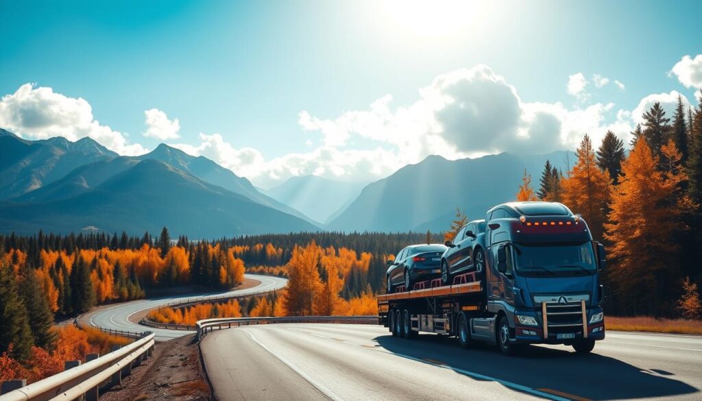 A scenic view of a multi-car transport truck driving through the picturesque Canadian landscape, surrounded by lush forests and majestic mountains. In the foreground, the truck, adorned with a bright blue and red color scheme, showcases multiple vehicles arranged carefully on its flatbed. In the middle ground, a winding highway curves through vibrant autumn foliage, capturing the essence of Canada's natural beauty. The background features a clear blue sky, with sunlight filtering through fluffy white clouds, creating a warm, inviting glow. The overall atmosphere conveys trust and reliability, symbolizing the experience of shipping cars safely across the country. The image should evoke a sense of freedom and adventure, encapsulating the journey of auto transport in Canada.
