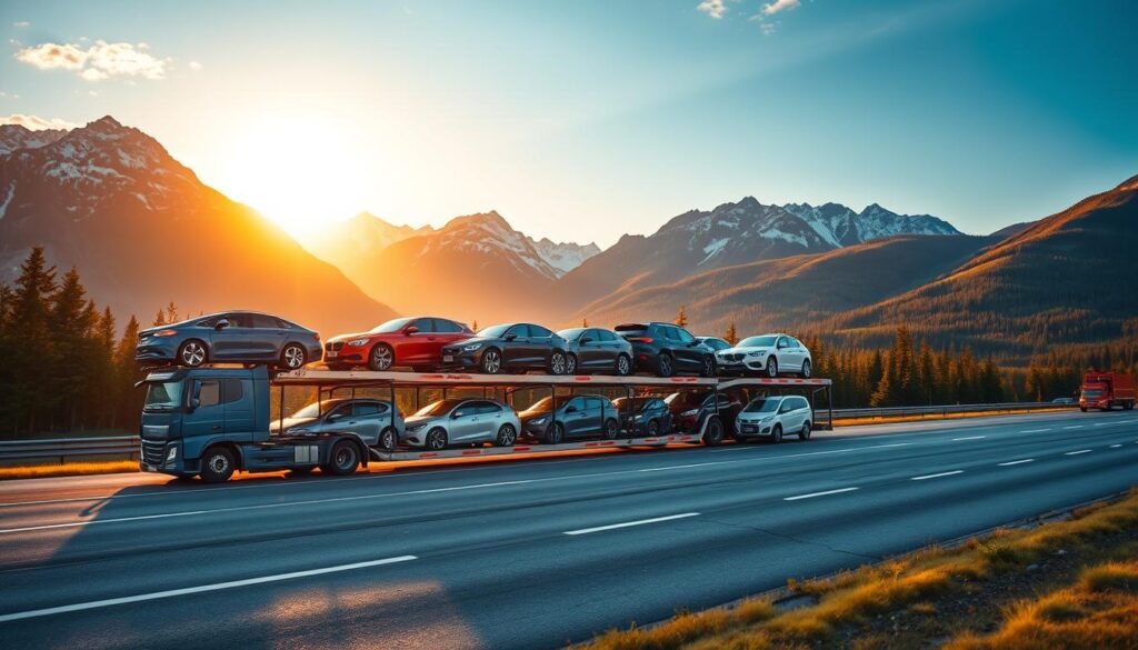 A scenic view of a professional car transport vehicle service in Canada. In the foreground, a sleek car carrier truck loaded with various vehicles, showcasing a range from personal cars to corporate fleet vehicles. The middle ground features a picturesque highway with scenic Canadian landscapes, including mountains and pine forests under a bright blue sky. In the background, a colorful sunrise casts warm golden light, enhancing the mood of professionalism and reliability. The scene is well-composed, shot from a slightly elevated angle to highlight both the truck and the stunning environment. Emphasize clarity and detail on the vehicles while ensuring the atmosphere conveys trust and efficiency in car transport services across Canada.