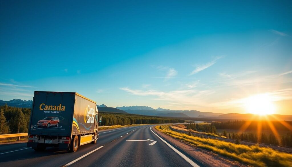 A scenic view of a well-maintained transport truck on an open highway winding through the diverse landscapes of Canada. In the foreground, the truck boasts vibrant branding signifying a reliable vehicle transport company. In the middle ground, the highway stretches ahead bordered by lush green forests and distant mountains under a clear blue sky, capturing the essence of Canada’s natural beauty. In the background, the sun sets, casting a warm golden glow that enhances the tranquil atmosphere. The image is shot from a low angle to emphasize the expansive sky and majestic scenery, evoking a sense of freedom and trust in vehicle transport services. The scene conveys a professional and dependable mood, perfect for illustrating the theme of reliability in vehicle transport across Canada. A scenic view of a well-maintained transport truck on an open highway winding through the diverse landscapes of Canada. In the foreground, the truck boasts vibrant branding signifying a reliable vehicle transport company. In the middle ground, the highway stretches ahead bordered by lush green forests and distant mountains under a clear blue sky, capturing the essence of Canada’s natural beauty. In the background, the sun sets, casting a warm golden glow that enhances the tranquil atmosphere. The image is shot from a low angle to emphasize the expansive sky and majestic scenery, evoking a sense of freedom and trust in vehicle transport services. The scene conveys a professional and dependable mood, perfect for illustrating the theme of reliability in vehicle transport across Canada.