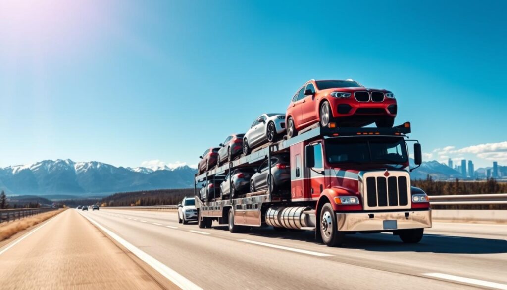 A scenic view of vehicle transport across Canada, showcasing a modern car carrier truck loaded with diverse automobiles on a highway. In the foreground, the truck is positioned prominently, reflecting its shiny exterior under bright daylight. The middle ground features scenic Canadian landscapes with vast forests and majestic mountains, with a clear blue sky overhead. In the background, a distant view of a bustling city skyline can be seen, emphasizing the transport’s destination. The lighting is vibrant and natural, suggesting a sunny afternoon, highlighting the sense of reliability and professionalism in auto transport services. The mood is optimistic and dynamic, illustrating the essence of safe and dependable vehicle shipping across the Canadian landscape.