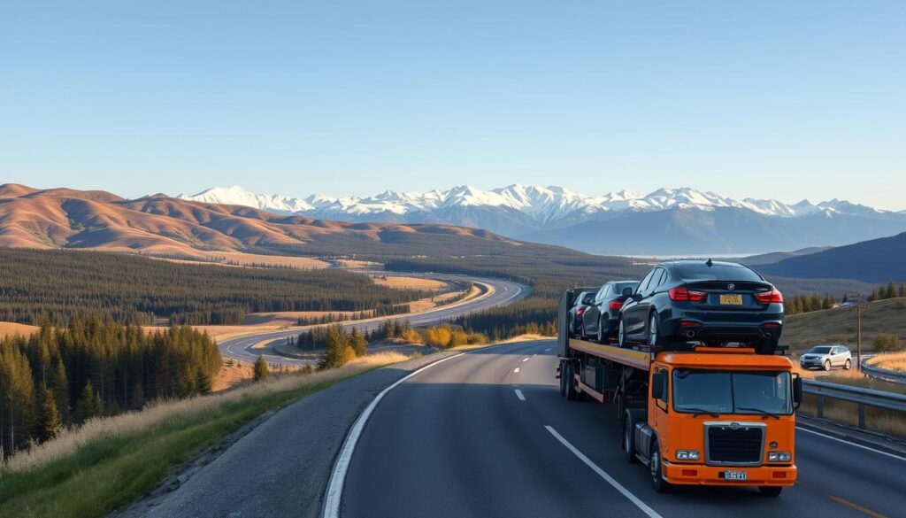 A scenic view of vehicles loaded onto a transport truck, poised for shipment across the vast landscape of Canada. In the foreground, showcase a sturdy, brightly colored auto transport truck with several cars securely fastened. The middle ground features rolling hills, lush forests, and a winding highway that stretches into the distance, symbolizing the journey. In the background, majestic snow-capped mountains and a clear blue sky create a serene atmosphere. The scene is bathed in soft, natural lighting, reminiscent of a warm afternoon. Capture the essence of trust and reliability in the auto transport service. No people are included, ensuring a focus on the vehicles and landscape, creating a professional and inviting image. A scenic view of vehicles loaded onto a transport truck, poised for shipment across the vast landscape of Canada. In the foreground, showcase a sturdy, brightly colored auto transport truck with several cars securely fastened. The middle ground features rolling hills, lush forests, and a winding highway that stretches into the distance, symbolizing the journey. In the background, majestic snow-capped mountains and a clear blue sky create a serene atmosphere. The scene is bathed in soft, natural lighting, reminiscent of a warm afternoon. Capture the essence of trust and reliability in the auto transport service. No people are included, ensuring a focus on the vehicles and landscape, creating a professional and inviting image.