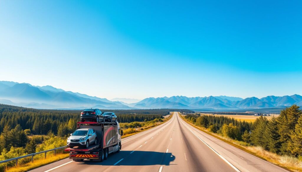 A scenic vista showcasing a wide highway stretching coast-to-coast, flanked by lush green forests and majestic mountains under a clear blue sky. In the foreground, a colorful transport truck loaded with various vehicles, including sedans and SUVs, conveys the theme of vehicle shipping. The middle ground features a well-maintained stretch of highway, with distant hills rolling softly, leading the viewer's eye toward the horizon. Soft, warm sunlight bathes the scene, enhancing the inviting atmosphere. The angle is slightly elevated, providing a clear view of both the transport truck and the expansive landscape. Overall, the image evokes a sense of reliability and professionalism in car shipping, perfect for highlighting the coast-to-coast vehicle transport service.