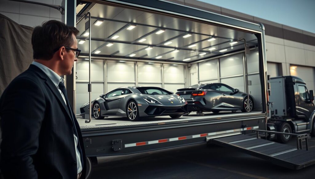 A secure, high-end enclosed vehicle transport truck parked at a staging area, showcasing its solid structure and advanced locking mechanisms. In the foreground, a professional-looking driver in business attire is inspecting the vehicle, highlighting a sense of meticulous care and security. In the middle ground, you see multiple luxury cars inside the enclosed trailer, protected from elements and potential damage, with soft ambient lighting illuminating their polished surfaces. The background features a modern warehouse, emphasizing an organized, safe environment. The mood is one of professionalism and assurance, capturing the essence of secure auto transport. The image is taken from a low angle for an authoritative perspective, with natural lighting casting soft shadows, enhancing the security features of the vehicle. A secure, high-end enclosed vehicle transport truck parked at a staging area, showcasing its solid structure and advanced locking mechanisms. In the foreground, a professional-looking driver in business attire is inspecting the vehicle, highlighting a sense of meticulous care and security. In the middle ground, you see multiple luxury cars inside the enclosed trailer, protected from elements and potential damage, with soft ambient lighting illuminating their polished surfaces. The background features a modern warehouse, emphasizing an organized, safe environment. The mood is one of professionalism and assurance, capturing the essence of secure auto transport. The image is taken from a low angle for an authoritative perspective, with natural lighting casting soft shadows, enhancing the security features of the vehicle.