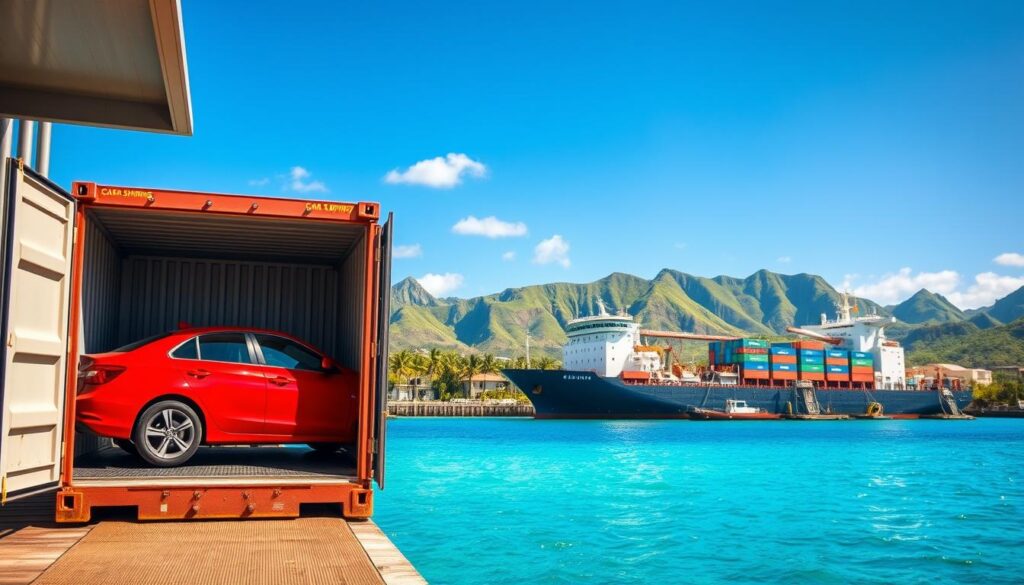 A serene Hawaiian setting depicting a modern car shipping facility. In the foreground, a well-maintained shipping container with a red sedan being loaded onto a large cargo ship, symbolizing the car transportation process. The middle ground features the cargo ship moored at a vibrant harbor, with clear blue water gently lapping against its hull. In the background, lush green mountains and palm trees under a bright blue sky add to the tropical ambiance. The lighting is bright and sunny, emphasizing the warmth of Hawaii. A wide-angle view captures both the enormity of the ship and the smaller sedan, conveying the scale and significance of car shipping to Hawaii. The mood should be informative yet inviting, making it approachable for potential customers looking to ship their vehicles.