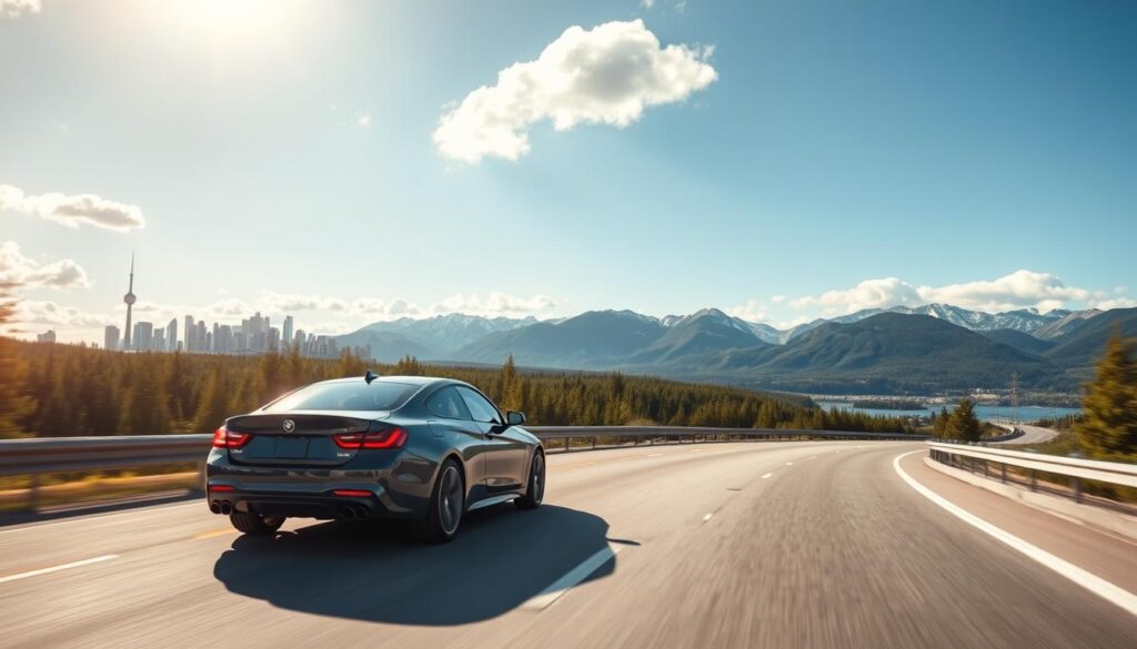 A serene highway stretching through picturesque landscapes from Toronto to Vancouver. In the foreground, a sleek car is driving along the winding road, showcasing its sporty design. The middle ground features a mix of urban Toronto skyline fading into lush green forests and majestic mountains typical of British Columbia. The background highlights a clear blue sky with fluffy white clouds, signifying a beautiful day for travel. The sunlight bathes the scene in warm tones, creating a sense of optimism and adventure. The angle captures both the car in motion and the stunning scenery, inviting the viewer to imagine the journey. The atmosphere is tranquil yet invigorating, symbolizing the reliability and care involved in car shipping services.