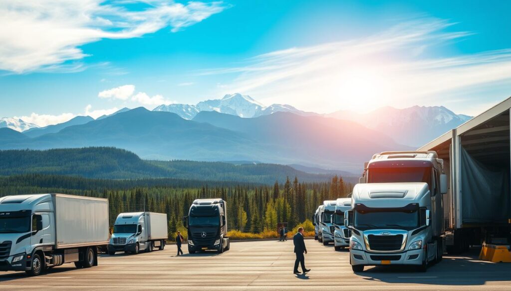 A serene landscape depicting the vastness of Canada, showcasing a busy car shipping terminal in the foreground with modern trucks and vehicles being loaded and unloaded. In the middle ground, lush green forests and rolling hills representing the diverse Canadian terrain, while snowy mountains rise majestically in the background under a bright blue sky. The scene is illuminated by soft, natural sunlight to create a warm atmosphere. A close-up angle captures the efficient transportation process, with workers in professional business attire ensuring safety and care for the vehicles. The overall mood is one of reliability and speed, emphasizing the convenience of auto transport across the expansive beauty of Canada.