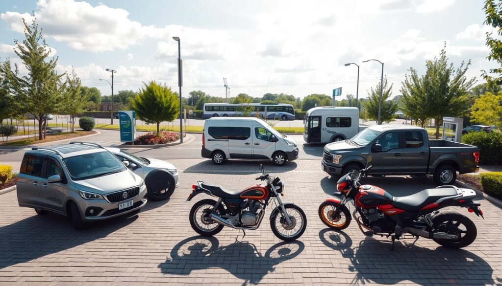 A serene outdoor scene showcasing various vehicle transport options for diverse budgets and protection needs. In the foreground, a compact car, a mid-sized SUV, and a motorcycle sit on a paved driveway, neatly arranged to highlight differences in size and style. The middle contains a small van and a classic truck parked beside each other, creating a contrast in design and functionality. In the background, a well-maintained bike lane and public transport bus stop are visible under clear, bright skies with soft clouds, representing eco-friendly options. The focus is on natural lighting, casting gentle shadows, with a slight depth of field to emphasize the vehicles. The mood is informative and welcoming, inviting viewers to consider various transportation choices in a relaxed, professional atmosphere.