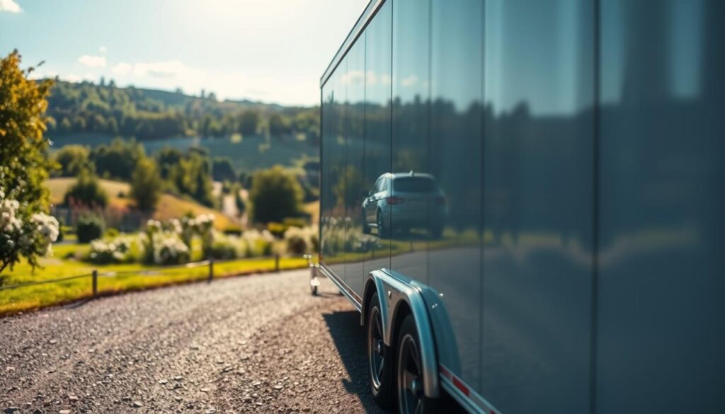 A serene scene featuring an enclosed car transport vehicle parked in a tranquil setting, surrounded by lush greenery and a clear blue sky. In the foreground, focus on the sleek lines of the enclosed trailer, its reflective surface catching glimmers of sunlight, suggesting security and care. The middle ground includes an expertly polished luxury car visible through the transparent side of the trailer, conveying a sense of protection. The background features a soft-focus landscape with gentle hills and blooming flowers, enhancing the peaceful atmosphere. Use natural lighting to create a warm and inviting glow, with a slight golden hour effect. Capture this scene from an angle that emphasizes depth, making the viewer feel connected to the vehicle transport experience.