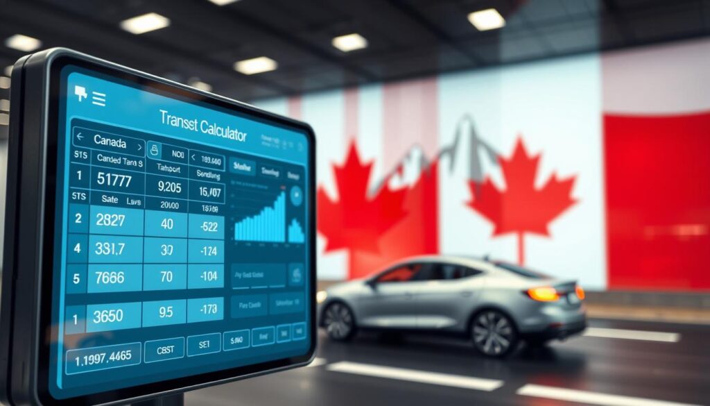 A sleek and modern transport calculator interface is displayed prominently in the foreground, featuring a clear digital screen filled with numeric values and graphical charts related to car shipping quotes. The middle ground showcases a stylized image of a vehicle, a car in motion, representing the transportation aspect. In the background, an abstract depiction of Canada’s landscape with its iconic elements such as maple leaves or mountains hints at the geographical context. The lighting is bright and professional, creating an inviting atmosphere. Use a wide-angle lens view to capture depth, emphasizing a sense of efficiency and innovation. The overall mood is dynamic and business-like, ideal for illustrating a sophisticated approach to vehicle transport logistics.