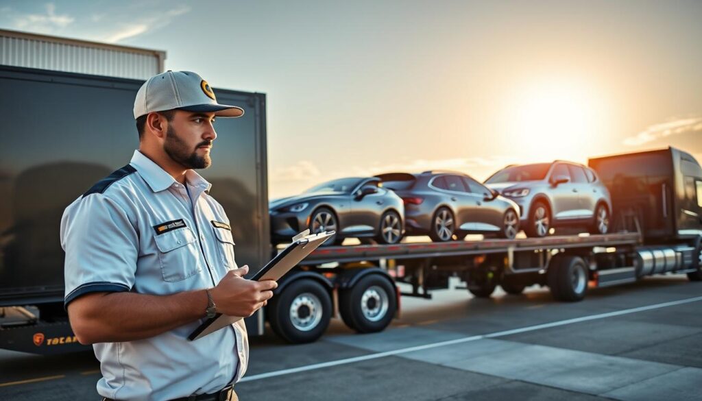 A sleek auto transport truck parked at a loading dock, showcasing vehicles being carefully loaded onto the trailer. In the foreground, a professional driver wearing a branded uniform inspects a car with a clipboard, emphasizing attention to detail and reliability. The middle ground features multiple vehicles, including a luxury sedan and an SUV, securely positioned on the transport trailer, reflecting a variety of automobile types. The background shows a bright, clear sky with the sun casting warm light, enhancing the mood of trust and professionalism. The composition captures organized chaos, with clear lines leading the eye from the truck to the vehicles, all displayed in a well-lit setting, suggesting a seamless auto transport service focused on transparent pricing and reliable delivery.