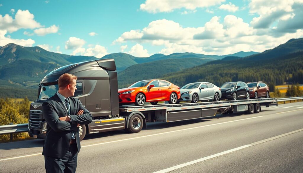 A sleek car transport truck parked on the side of a scenic highway, showcasing a well-maintained fleet of colorful vehicles loaded on the trailer. In the foreground, a professional driver in business attire inspects the vehicles, exuding confidence and expertise. The middle ground features a mix of personal cars and business vehicles, highlighting the versatility of the transport service. The background showcases the breathtaking Canadian landscape with green mountains, blue skies, and scattered clouds. Soft, natural lighting creates a welcoming atmosphere, emphasizing safety and professionalism. Capture this scene from a slightly elevated angle to showcase the truck and its cargo effectively, reflecting a trusted image of vehicle transport across Canada.