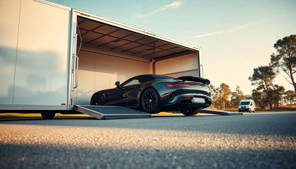 A sleek, enclosed auto transport trailer parked on a smooth, sunlit asphalt driveway, showcasing its sturdy design and shiny exterior. In the foreground, a high-value luxury car, such as a sports car or classic vehicle, is partially visible inside the trailer, secured and protected by soft padding. The middle ground highlights the open doors of the trailer revealing the well-lit, polished interior with ample space and protective features. In the background, a serene landscape of trees and a clear blue sky creates a tranquil atmosphere, emphasizing safety and care. Soft, natural lighting casts gentle reflections on the car’s surface, enhancing its features. Capture this scene from a slightly low angle to convey the grandeur of the trailer and vehicle within. The overall mood is professional and secure, reflecting the concept of premium vehicle protection during transport.