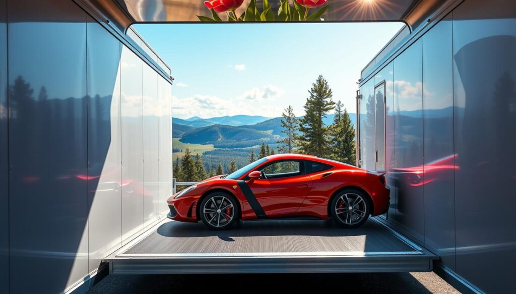 A sleek, enclosed car transport trailer is positioned prominently in the foreground, showcasing its shiny, metallic exterior reflecting sunlight. Inside the trailer, a luxurious sports car, gleaming in red, is securely strapped down, surrounded by plush padding to ensure protection during transit. In the middle ground, a picturesque Canadian landscape unfolds, featuring lush green pine trees and rolling hills under a clear blue sky. The image captures a sense of tranquility and safety, emphasizing the premium nature of enclosed transport. The lighting is bright and invigorating, simulating a sunny day, while the camera angle is slightly elevated, creating depth and focus on the vehicle within the trailer. The overall mood conveys reliability, professionalism, and care in vehicle transport, making it ideal for showcasing premium services.