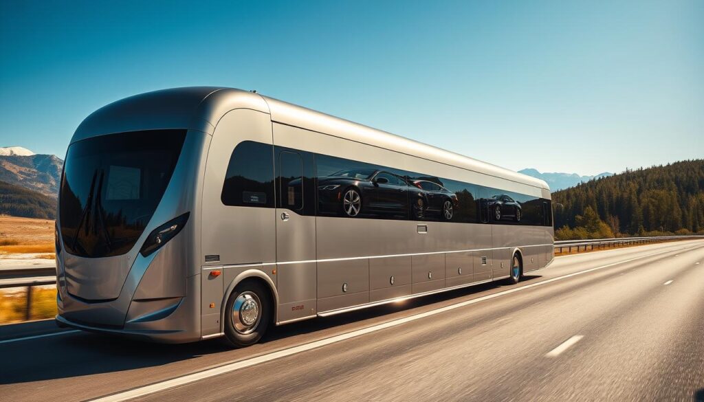 A sleek, enclosed transport vehicle designed for high-value cars, parked on a pristine, sunlit Canadian highway. In the foreground, focus on the vehicle's shiny metallic exterior, showcasing its contours and premium features. The middle ground features a few luxury cars visible through the large windows, hinting at their safe transport inside. In the background, there are majestic Canadian landscapes with lush green trees and distant mountains under a clear blue sky. The lighting is bright and warm, evoking a sense of safety and reliability. Capture the image with a slight low-angle shot to emphasize the vehicle's imposing presence, while maintaining an overall professional and polished atmosphere, reflecting the high quality of service.