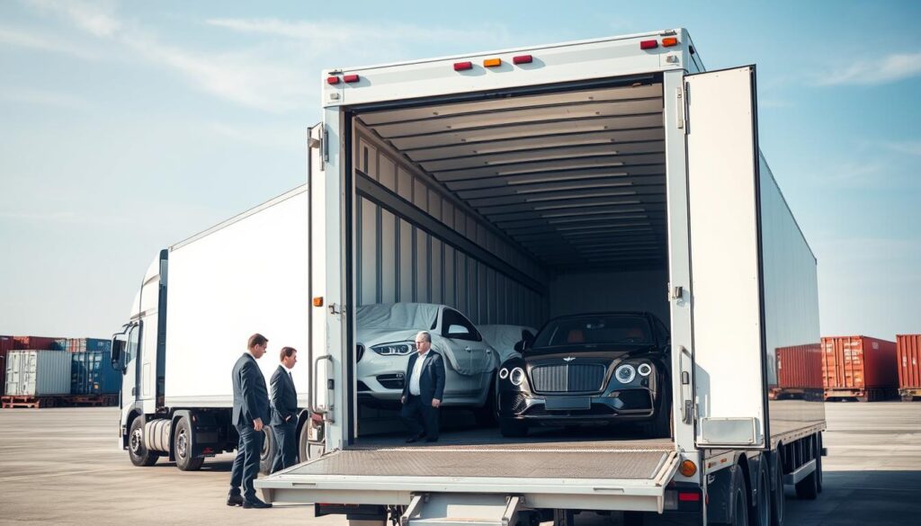 A sleek, enclosed vehicle transport truck, parked in a well-lit loading area, showcasing a high level of protection for cars during shipping. The foreground features the truck doors open, revealing an array of elegantly lined vehicles secured with protective coverings. In the middle ground, professional individuals in business attire are seen inspecting the enclosed transport, examining the secure straps and cushioning inside. The background depicts a clear blue sky and distant shipping containers, emphasizing the logistics of vehicle transport. Soft, natural lighting highlights the glossy finishes of the cars, evoking a sense of safety and reliability. The overall atmosphere is one of professionalism and assurance, capturing the essence of enclosed car transport.