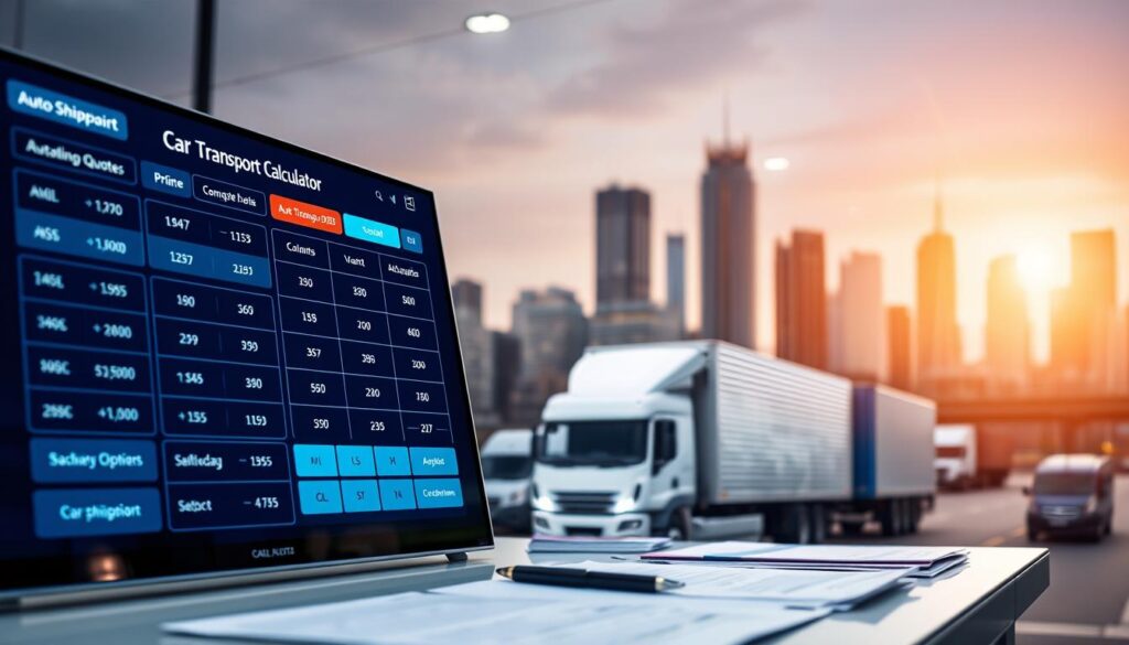 A sleek, modern auto transport quote calculator interface displayed prominently in the foreground, featuring an interactive digital screen showing various car shipping quotes and options. In the middle ground, include a stylish desktop with a professional individual in smart business attire, intently analyzing data on the calculator, surrounded by car shipping and logistics documents. The background should depict a city skyline with transport trucks and vehicles, bathed in soft, warm lighting to create an inviting atmosphere. The composition should be shot from a slight angle, showcasing depth and allowing the viewer to feel the dynamic energy of car shipping. Aim for a professional, efficient, and tech-savvy vibe that embodies convenience and immediacy in the car shipping industry.