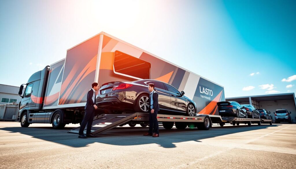 A sleek, modern auto transport truck is the focal point, parked securely against a backdrop of a clear blue sky. The truck is designed with vibrant company branding, emphasizing professionalism and reliability. In the foreground, a well-maintained luxury car is carefully being loaded onto the transport trailer by a uniformed professional in business attire, showcasing a commitment to secure handling. The middle ground features a busy loading dock with additional vehicles waiting to be transported, highlighting efficiency. Soft sunlight bathes the scene, creating a warm and inviting atmosphere. The angle captures a slight upward tilt, giving a sense of grandeur to the truck and emphasizing its sturdy build. The overall mood conveys trust, safety, and professionalism in auto transport services.