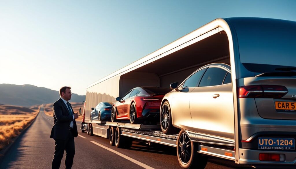 A sleek, modern auto transport truck loaded with shiny, high-end vehicles, parked in a sunny setting with a clear blue sky. In the foreground, a professional-looking driver in business attire inspects the vehicles, showcasing a sense of responsibility and care. The middle ground features the truck and the luxury cars, gleaming under the soft, warm sunlight, emphasizing efficiency and quality in car shipping. In the background, a peaceful American landscape with gently rolling hills and an open road reflects the vast travel potential across the United States. The scene conveys a mood of trust, professionalism, and accessibility in auto transport services. The overall composition should evoke a sense of reliability and excellence in car shipping logistics.