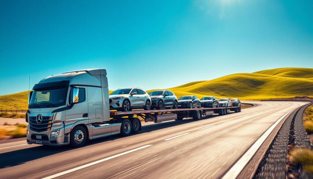 A sleek, modern auto transport truck on a wide-open highway, displaying a variety of parked cars securely loaded on its trailer. In the foreground, the truck shines under bright, clear sunlight, emphasizing its reliability and professionalism. In the middle ground, vibrant green hills roll gently, creating a sense of journey and movement. The background features a clear blue sky, enhancing the feeling of freedom associated with car shipping services across the United States. The image captures a sense of trustworthiness and efficiency, with the transport truck positioned at a slight angle to showcase its cargo. The overall mood is optimistic and reassuring, suggesting smooth and reliable auto transport service. Soft shadows create depth, while a slight lens flare adds warmth to the scene. A sleek, modern auto transport truck on a wide-open highway, displaying a variety of parked cars securely loaded on its trailer. In the foreground, the truck shines under bright, clear sunlight, emphasizing its reliability and professionalism. In the middle ground, vibrant green hills roll gently, creating a sense of journey and movement. The background features a clear blue sky, enhancing the feeling of freedom associated with car shipping services across the United States. The image captures a sense of trustworthiness and efficiency, with the transport truck positioned at a slight angle to showcase its cargo. The overall mood is optimistic and reassuring, suggesting smooth and reliable auto transport service. Soft shadows create depth, while a slight lens flare adds warmth to the scene.