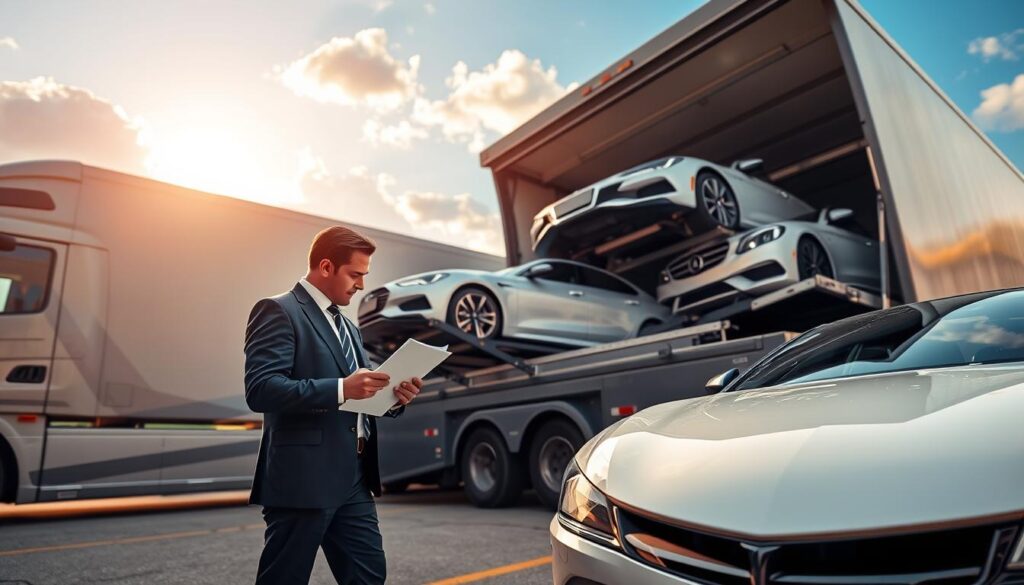 A sleek, modern auto transport truck parked at a loading dock, surrounded by a variety of vehicles ready for transport. In the foreground, a professional driver in business attire checks documents and ensures the safety of the cars. The middle ground features different types of vehicles, including luxury cars and family sedans, carefully arranged on the transport truck, showcasing their secure positioning with straps and padding. In the background, a bright blue sky with soft white clouds hints at an ideal day for transport, while the sun casts warm light illuminating the scene. The composition should convey a mood of reliability and professionalism, emphasizing the commitment to safe, on-time delivery. The image should be captured from a slightly elevated angle, offering a comprehensive view of the operation without any text or branding elements.