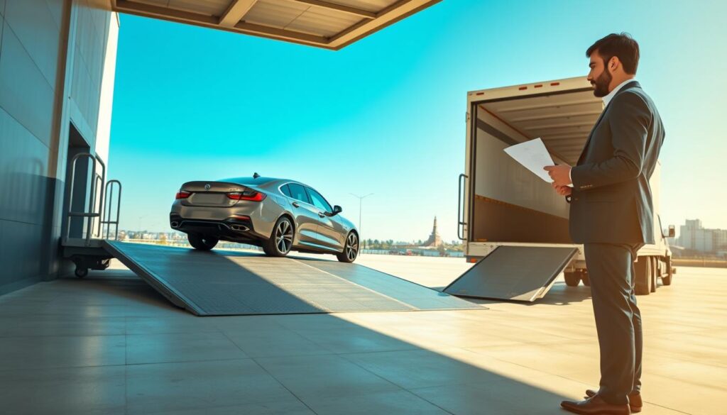 A sleek, modern car parked on a pristine loading dock, symbolizing car shipping. In the foreground, a well-dressed individual examines shipping papers, conveying a sense of professionalism. The middle ground features a large, open transport truck, with a ramp leading to its interior, showcasing a vehicle ready for shipment. In the background, a clear blue sky enhances the vibrant atmosphere of the scene, while distant buildings hint at urban life, emphasizing the journey to another state. Soft sunlight casts gentle shadows, creating a welcoming and efficient ambiance. The composition is shot from a slightly elevated angle, inviting viewers to appreciate the logistics of car shipping.