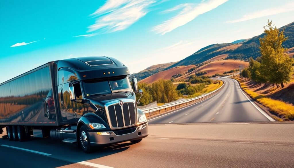 A sleek, modern car transport truck is situated prominently in the foreground, loaded with several vivid vehicles in various colors, showcasing the range of auto transport services. In the middle ground, a picturesque highway stretches out, illustrating the expansive routes for transport across Canada and the United States, lined by lush trees and scenic landscapes. The background features rolling hills with a clear blue sky, hinting at the vast journey ahead. Soft, natural lighting enhances the vibrant colors of the vehicles and the serene environment, creating a trustworthy atmosphere. The angle captures the truck from a low perspective, emphasizing its size and professionalism. The overall mood conveys reliability and efficiency in vehicle transportation, ideal for an article focused on trusted professional car carriers.