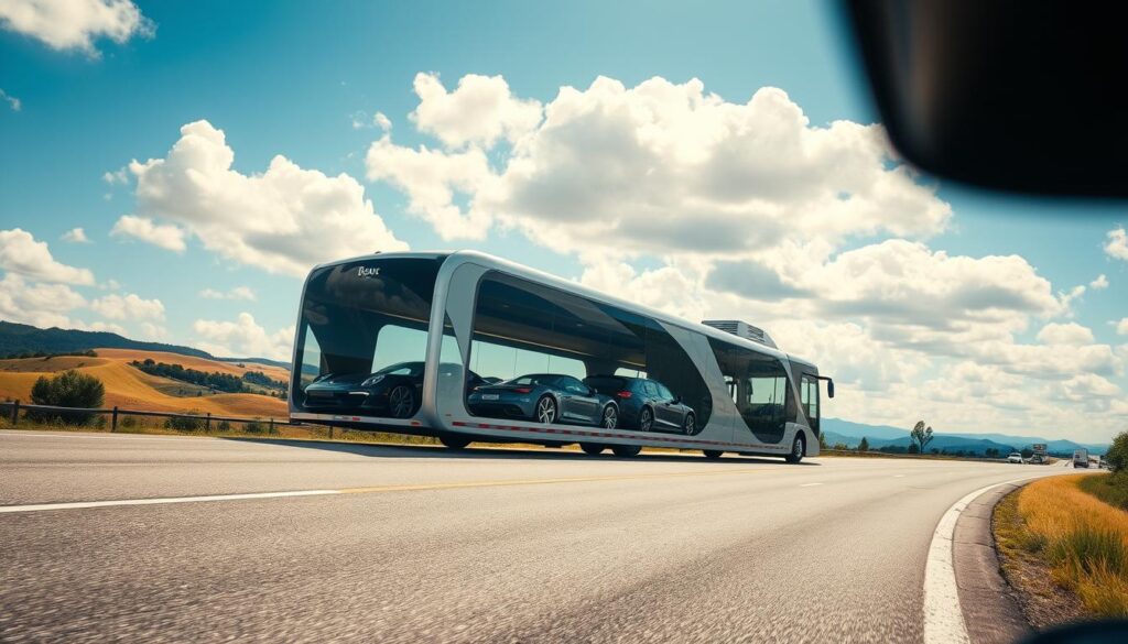 A sleek, modern enclosed auto transport carrier on a well-maintained highway, surrounded by beautiful landscapes. In the foreground, the carrier is prominently displayed, showcasing multiple luxury vehicles secured within its protective enclosure. The middle ground features a clear blue sky, with fluffy white clouds, enhancing the overall sense of safety and reliability. In the background, rolling hills and distant trees add depth to the scene. The lighting is bright and natural, suggesting midday sunlight, casting soft shadows on the transport. The camera angle captures the carrier at a slight elevation, providing a dynamic perspective. The mood is professional and trustworthy, reflecting top-tier auto transport services. The setting is free from any people, ensuring focus remains on the vehicle transport itself.