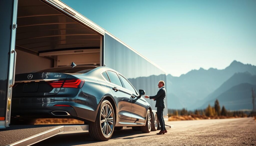A sleek, modern enclosed auto transport trailer parked in a scenic Canadian landscape, showcasing a clear blue sky and majestic mountains in the background. In the foreground, a shiny luxury car is being loaded into the transport trailer by a professional in a polished business outfit, emphasizing careful handling. The trailer's interior is illuminated softly, highlighting the protective features designed for vehicle safety. Capture the essence of reliability and care in vehicle transportation, with a focus on the shiny surfaces of the car reflecting natural light and the sturdy exterior of the trailer. Use a wide-angle lens perspective to emphasize the grandeur of the surroundings and the professionalism of the transport process, creating a sense of tranquility and assurance. A sleek, modern enclosed auto transport trailer parked in a scenic Canadian landscape, showcasing a clear blue sky and majestic mountains in the background. In the foreground, a shiny luxury car is being loaded into the transport trailer by a professional in a polished business outfit, emphasizing careful handling. The trailer's interior is illuminated softly, highlighting the protective features designed for vehicle safety. Capture the essence of reliability and care in vehicle transportation, with a focus on the shiny surfaces of the car reflecting natural light and the sturdy exterior of the trailer. Use a wide-angle lens perspective to emphasize the grandeur of the surroundings and the professionalism of the transport process, creating a sense of tranquility and assurance.
