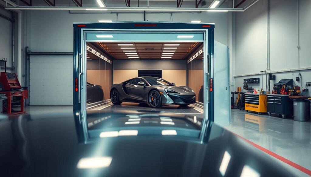 A sleek, modern enclosed auto transport trailer parked in a spacious, well-lit garage. In the foreground, the trailer's glossy exterior reflects bright overhead lights, highlighting its premium build. The middle section showcases an elegantly parked luxury car within the trailer, its shiny paint and elegant curves visible through the transparent sliding doors. The background features a well-organized workspace, with tools and equipment neatly arranged, conveying professionalism and care in vehicle handling. The atmosphere is polished and secure, evoking a sense of trust and quality in auto transport. The image is captured from a low angle to emphasize the trailer's impressive height and design, with soft lighting that enhances the richness of colors, creating a tranquil yet sophisticated mood.