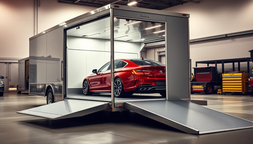 A sleek, modern enclosed auto transport trailer parked in a well-lit, spacious loading yard. In the foreground, the shiny, luxury car inside the trailer, featuring smooth lines and a vibrant color, is visible through the transparent sections of the trailer. The middle ground showcases the trailer's open door, highlighting the sophisticated mechanisms used for loading and unloading vehicles. In the background, softly blurred, there are maintenance tools and other trucks, suggesting a busy, professional environment. The scene is bathed in soft, warm light, creating an inviting atmosphere. The camera angle is slightly from below, emphasizing the height and structure of the trailer. This image should evoke a sense of security and reliability, showcasing the benefits of premium enclosed auto transport services.