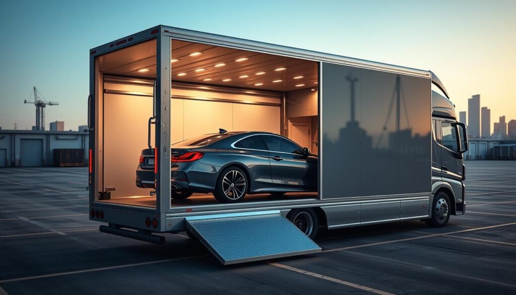 A sleek, modern enclosed auto transport truck parked in a well-lit industrial yard, showcasing its spacious interior. The foreground features a shiny luxury car carefully loaded in the back, with elegant features and a glossy finish gleaming under soft, ambient lighting. In the middle ground, the transport truck is detailed with a shiny metallic body and large, safe doors. The background includes a clear blue sky, and the silhouette of a city skyline, adding depth to the scene. The overall atmosphere is professional and organized, conveying reliability and efficiency in the auto transport service. Capture this scene from a slight overhead angle to highlight the truck's scale and the secure transport of the vehicle inside. A sleek, modern enclosed auto transport truck parked in a well-lit industrial yard, showcasing its spacious interior. The foreground features a shiny luxury car carefully loaded in the back, with elegant features and a glossy finish gleaming under soft, ambient lighting. In the middle ground, the transport truck is detailed with a shiny metallic body and large, safe doors. The background includes a clear blue sky, and the silhouette of a city skyline, adding depth to the scene. The overall atmosphere is professional and organized, conveying reliability and efficiency in the auto transport service. Capture this scene from a slight overhead angle to highlight the truck's scale and the secure transport of the vehicle inside.