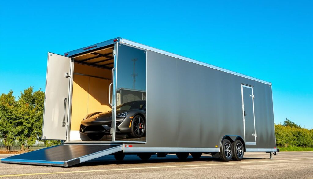 A sleek, modern enclosed car transport trailer parked under a clear blue sky, showcasing its durable exterior and streamlined design. In the foreground, focus on the trailer doors slightly ajar, revealing a luxury vehicle secured inside with soft padding surrounding it. The middle ground features the trailer's reflective surfaces catching sunlight, emphasizing its high-quality finish. In the background, a lush, green landscape adds a sense of tranquility and safety. The scene is brightly lit, highlighting the car's glossy finish and the trailer's robust structure. Capture the image from a low angle to showcase the impressive height and build of the carrier, conveying a mood of safety and reliability essential for vehicle shipping.
