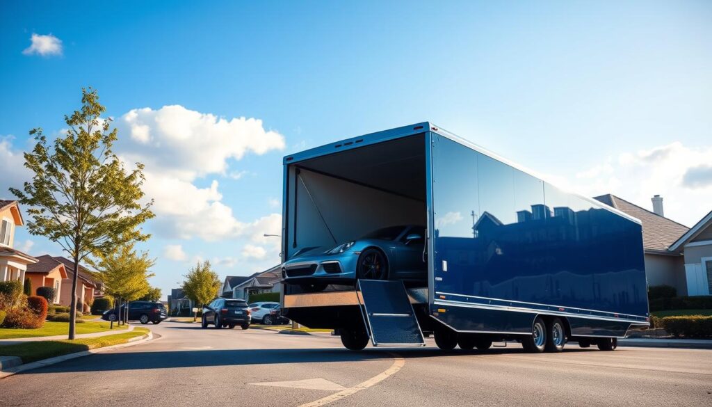 A sleek, modern enclosed car transport truck is positioned prominently in the foreground, showcasing a high-end luxury vehicle safely secured inside its protective trailer. The truck is painted in a polished metallic blue, gleaming under the warm daylight, with reflections highlighting its smooth lines. In the middle ground, a suburban street is visible, lined with well-maintained homes and greenery, emphasizing a sense of community and professionalism. The background features a clear blue sky with soft, fluffy clouds, creating a serene atmosphere. The lighting is bright but gentle, enhancing the colors without causing harsh shadows. Capture the entire scene from a slightly elevated angle, focusing on the truck's details and the luxury vehicle within, conveying trust and security in auto transport solutions.
