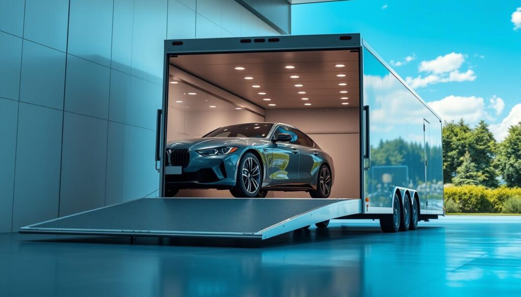 A sleek, modern enclosed vehicle transport truck parked in a clean, well-lit loading area, showcasing an elegant, luxury car securely positioned inside the trailer. The foreground features the polished vehicle reflecting soft ambient light, highlighting its curves and details. In the middle ground, the enclosed truck displays its sturdy outer shell with transparent panels, allowing glimpses of the luxurious car within. The background shows a bright, blue sky, with lush greenery and a few clouds, creating a serene atmosphere. The angle captures both the vehicle and the truck at a dynamic perspective, emphasizing safety and security. The overall mood conveys professionalism and trust, suitable for a high-end transport service.