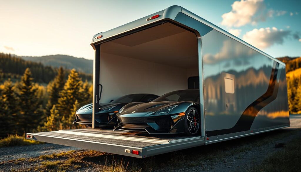 A sleek, modern enclosed vehicle transporter parked in a scenic outdoor setting in Canada. In the foreground, show shiny luxury cars securely housed inside the transport, reflecting a sense of protection and care. The middle ground features the transporter with its smooth lines and advanced design, showcasing its robust structure and premium finish. In the background, depict lush Canadian landscapes, such as pine trees and rolling hills under a clear blue sky, with soft sunlight illuminating the scene, creating a warm and inviting atmosphere. The angle should be slightly elevated, capturing both the transporter and the scenic views, emphasizing the vehicle's importance and sophistication. Enhance the mood with slight lens distortion to draw attention to the enclosed transport.