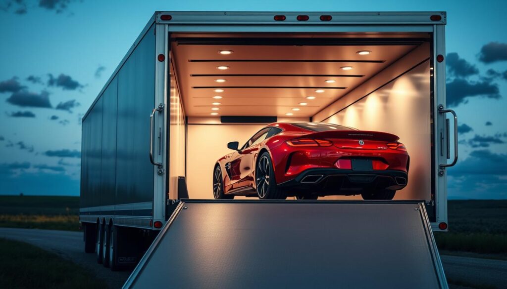 A sleek, modern enclosed vehicle transporter, showcasing a shiny red sports car inside, protected from the elements. In the foreground, the transporter’s ramp is lowered, revealing the interior lit by soft, warm lighting that highlights the car's curves. The middle ground captures the vehicle transporter's aluminum exterior with a clean, shiny finish, emphasizing its robust construction against the backdrop of a serene blue sky. Scattered clouds add softness to the atmosphere. In the background, a lush green landscape hints at long-distance travel, showcasing the benefits of enclosed transport. The scene conveys safety and protection, ideal for showcasing the advantages of enclosed auto transport. The angle is dynamic, slightly low, emphasizing the security and sophistication of the transport vehicle. A sleek, modern enclosed vehicle transporter, showcasing a shiny red sports car inside, protected from the elements. In the foreground, the transporter’s ramp is lowered, revealing the interior lit by soft, warm lighting that highlights the car's curves. The middle ground captures the vehicle transporter's aluminum exterior with a clean, shiny finish, emphasizing its robust construction against the backdrop of a serene blue sky. Scattered clouds add softness to the atmosphere. In the background, a lush green landscape hints at long-distance travel, showcasing the benefits of enclosed transport. The scene conveys safety and protection, ideal for showcasing the advantages of enclosed auto transport. The angle is dynamic, slightly low, emphasizing the security and sophistication of the transport vehicle.