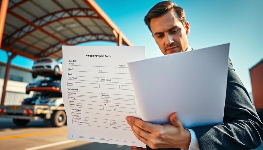 A sleek, modern vehicle transport quote form displayed prominently in the foreground, featuring a clean layout with fields for vehicle details, contact information, and service options. In the middle ground, a professional businessperson in smart attire is thoughtfully reviewing the quote form, with a focused expression on their face. The background features a busy shipping yard with a variety of cars being loaded onto a well-organized car transport truck, bathed in warm, natural sunlight. The scene conveys a sense of efficiency and reliability, with clear blue skies overhead and a vibrant atmosphere. The camera angle is slightly tilted down to emphasize the quote form while maintaining a sense of context with the shipping yard, creating a feeling of professionalism and trustworthiness.