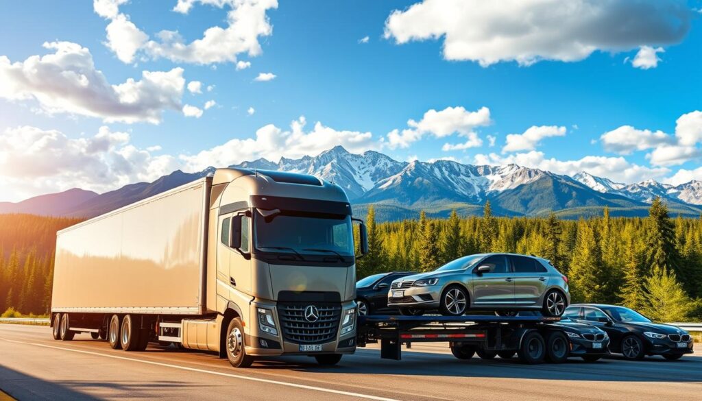 A sleek, modern vehicle transport truck is prominently displayed in the foreground, surrounded by several well-secured cars of various makes and models. The middle ground features a scenic Canadian landscape, showcasing lush green forests and a bright blue sky dotted with fluffy white clouds, creating a sense of reliability and tranquility. Featured in the background, the iconic Canadian Rockies rise majestically, symbolizing the vast range of transportation services available across the nation. The lighting is soft and warm, simulating a late afternoon sun, which enhances the trusting atmosphere. The perspective is slightly elevated, capturing the scale of the transport truck while maintaining a professional look. The overall mood is one of safety and dependability, ideal for conveying the essence of trustworthy vehicle transport.