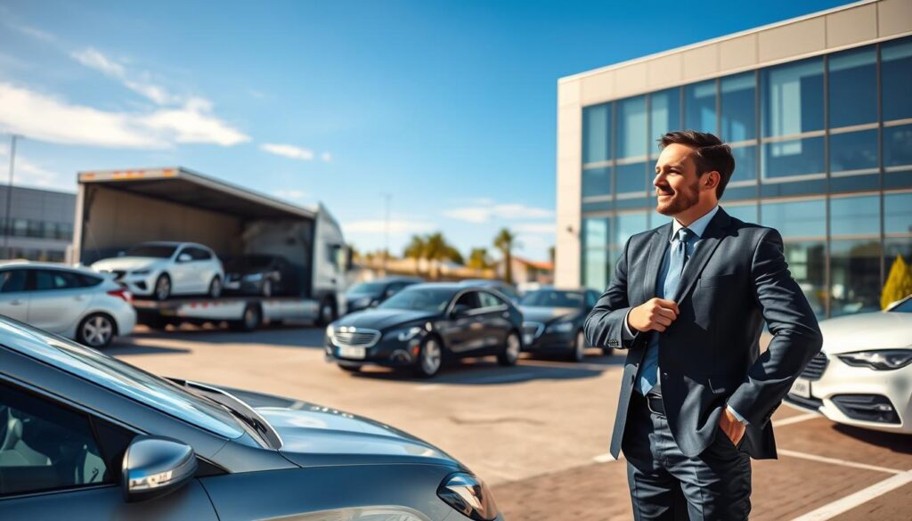 A sleek, professional car transport agency scene featuring a well-organized outdoor car lot filled with an array of luxury vehicles, such as sedans and SUVs. In the foreground, a knowledgeable transport representative dressed in a smart business suit is discussing logistics with a satisfied client, both engaged and attentive. In the middle ground, a state-of-the-art car transport truck is parked, showcasing its secure loading area and well-maintained vehicles ready for delivery. The background features a clear blue sky and a modern office building with glass windows reflecting the sunlight, conveying professionalism and reliability. The lighting is bright and inviting, giving a sense of trust and assurance. The overall mood is bright, optimistic, and sophisticated, emphasizing the professionalism of the car transport service.