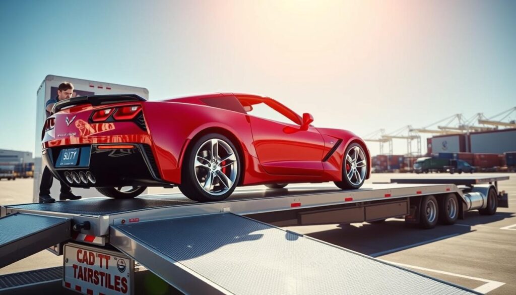 A sleek red Corvette being carefully loaded onto an open car transport trailer, showcasing its shiny curves and polished wheels. In the foreground, the transport truck's driver, dressed in professional attire, is securing the vehicle for a safe journey. The middle ground features the transport truck parked in a well-lit, organized shipping yard, surrounded by other vehicles awaiting transport. The background depicts a clear blue sky with a hint of distant cargo ships and warehouses, implying a bustling shipping hub. The scene is bathed in warm, inviting sunlight, creating a sense of reliability and trust for Corvette shipping solutions. The angle is slightly elevated, capturing both the car and the transport environment, evoking a professional and efficient atmosphere. A sleek red Corvette being carefully loaded onto an open car transport trailer, showcasing its shiny curves and polished wheels. In the foreground, the transport truck's driver, dressed in professional attire, is securing the vehicle for a safe journey. The middle ground features the transport truck parked in a well-lit, organized shipping yard, surrounded by other vehicles awaiting transport. The background depicts a clear blue sky with a hint of distant cargo ships and warehouses, implying a bustling shipping hub. The scene is bathed in warm, inviting sunlight, creating a sense of reliability and trust for Corvette shipping solutions. The angle is slightly elevated, capturing both the car and the transport environment, evoking a professional and efficient atmosphere.
