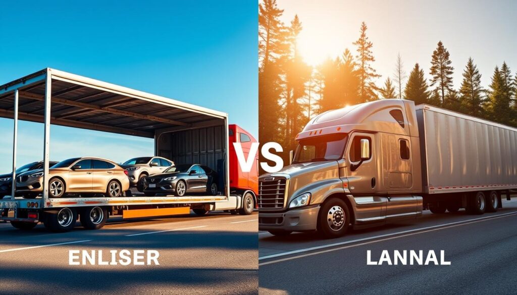 A split-image composition illustrating the contrast between open transport and enclosed transport for car shipping across Canada. In the foreground, on the left, depict an open transport truck with several vehicles visible, showcasing a sunny day and clear blue skies, highlighting the accessibility and cost-effectiveness of this method. On the right, feature an enclosed transport truck, polished and sleek, surrounded by a serene forest background, reflecting the protection and privacy offered. The lighting should be warm and golden, conveying a comfortable, professional atmosphere. The angle should be slightly elevated, capturing both transport methods in a harmonious yet distinct manner, emphasizing their respective advantages for vehicle transport. A split-image composition illustrating the contrast between open transport and enclosed transport for car shipping across Canada. In the foreground, on the left, depict an open transport truck with several vehicles visible, showcasing a sunny day and clear blue skies, highlighting the accessibility and cost-effectiveness of this method. On the right, feature an enclosed transport truck, polished and sleek, surrounded by a serene forest background, reflecting the protection and privacy offered. The lighting should be warm and golden, conveying a comfortable, professional atmosphere. The angle should be slightly elevated, capturing both transport methods in a harmonious yet distinct manner, emphasizing their respective advantages for vehicle transport.