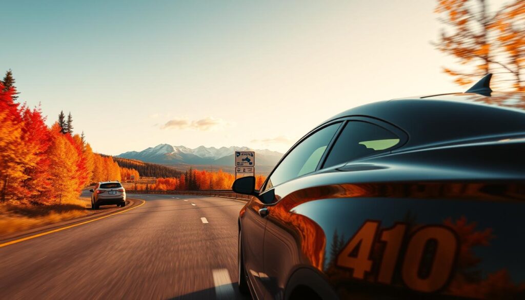 A striking scene of a modern car driving along a scenic Canadian highway, framed by vibrant autumn foliage in hues of red, orange, and yellow. In the foreground, the polished vehicle gleams under the soft golden hour sunlight, showcasing sleek lines and a dynamic design. The middle ground features a winding road that stretches into the distance, dotted with occasional road signs indicating key urban centers. In the background, majestic mountains rise against a clear blue sky, with a few fluffy white clouds. The atmosphere conveys a sense of adventure and freedom, emphasizing the expansive nature of Canada’s landscapes. Use a slightly elevated angle to capture the car in motion, highlighting the interplay between the vehicle and the scenic environment, with a warm, inviting light that enhances the beauty of the scene.