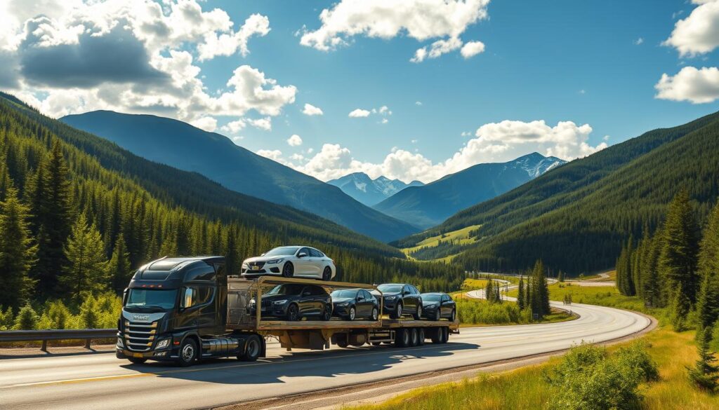 A stunning landscape scene showcasing vehicle transport across Canada. In the foreground, a professional auto transport truck with a sleek design, loaded with several cars securely fastened, parked beside a winding highway. The middle ground features lush green forests and rolling hills, with occasional glimpses of majestic mountains, reflecting Canada’s vast wilderness. In the background, a clear blue sky with fluffy white clouds, emphasizing a sunny day. The sunlight creates a warm and inviting atmosphere, with soft shadows under the truck. The angle captures a slightly elevated perspective, highlighting the diversity of vehicles and the natural beauty surrounding them. The overall mood conveys trust, professionalism, and the reliability of transporting vehicles across Canada and to the U.S. A stunning landscape scene showcasing vehicle transport across Canada. In the foreground, a professional auto transport truck with a sleek design, loaded with several cars securely fastened, parked beside a winding highway. The middle ground features lush green forests and rolling hills, with occasional glimpses of majestic mountains, reflecting Canada’s vast wilderness. In the background, a clear blue sky with fluffy white clouds, emphasizing a sunny day. The sunlight creates a warm and inviting atmosphere, with soft shadows under the truck. The angle captures a slightly elevated perspective, highlighting the diversity of vehicles and the natural beauty surrounding them. The overall mood conveys trust, professionalism, and the reliability of transporting vehicles across Canada and to the U.S.