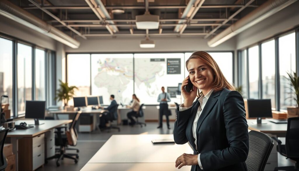 A tranquil scene depicting a professional moving company office. In the foreground, a friendly customer service agent in business attire is speaking on the phone, exuding warmth and confidence, with a reassuring smile. The middle ground features a well-organized dispatch area with friendly staff coordinating moves, showing a digital map with truck routes and logistics plans. In the background, large windows allow sunlight to pour in, casting a soft glow over the workspace, symbolizing transparency and reliability. Soft, calming colors dominate the palette, creating an atmosphere of peace and security. The angle should provide a slight bird's-eye view, emphasizing the teamwork and professionalism present in the company’s environment.