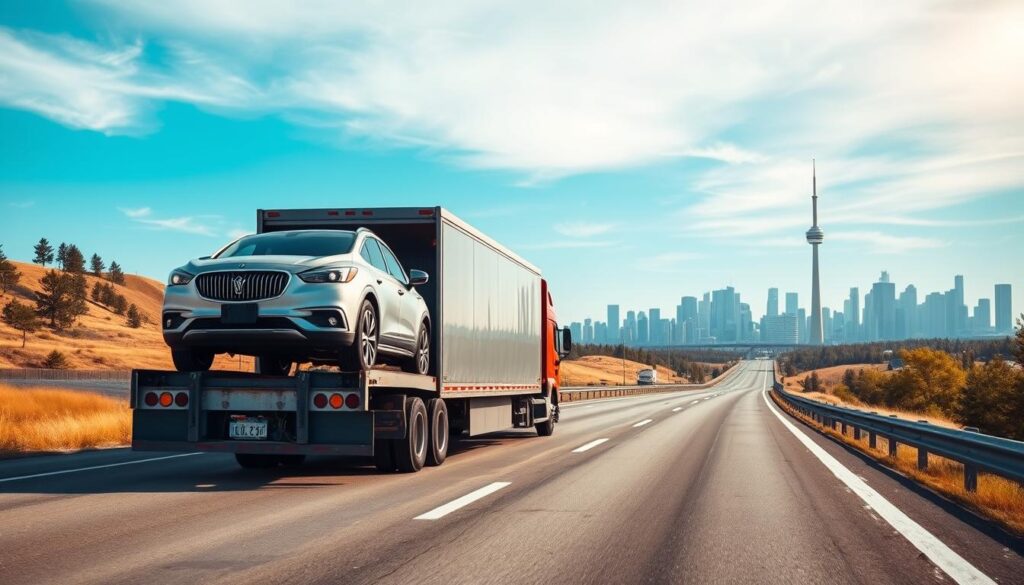 A transport truck on the highway, symbolizing vehicle shipping from Calgary to Toronto. In the foreground, a sleek, well-maintained car is being loaded onto the truck, showcasing a diverse range of vehicles such as sedans and SUVs. The middle ground features the transport truck driving along a clear, straight highway, bordered by picturesque landscapes typical of Canada—rolling hills and occasional clusters of pine trees under a bright blue sky. The background highlights the urban skyline of Toronto, setting the context for the destination. The lighting is warm and inviting, suggesting a sunny afternoon. The atmosphere should be professional and trustworthy, conveying reliability in car shipping services.